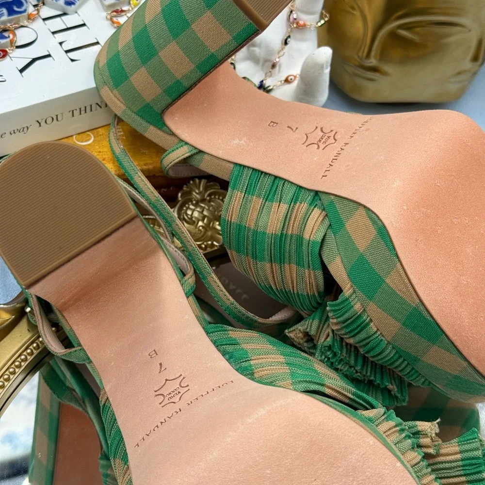 🆕 LOEFFLER RANDALL 🧿 NWOB Natalia Pleated Bow Platform Sandal, Plaid Green Sz7